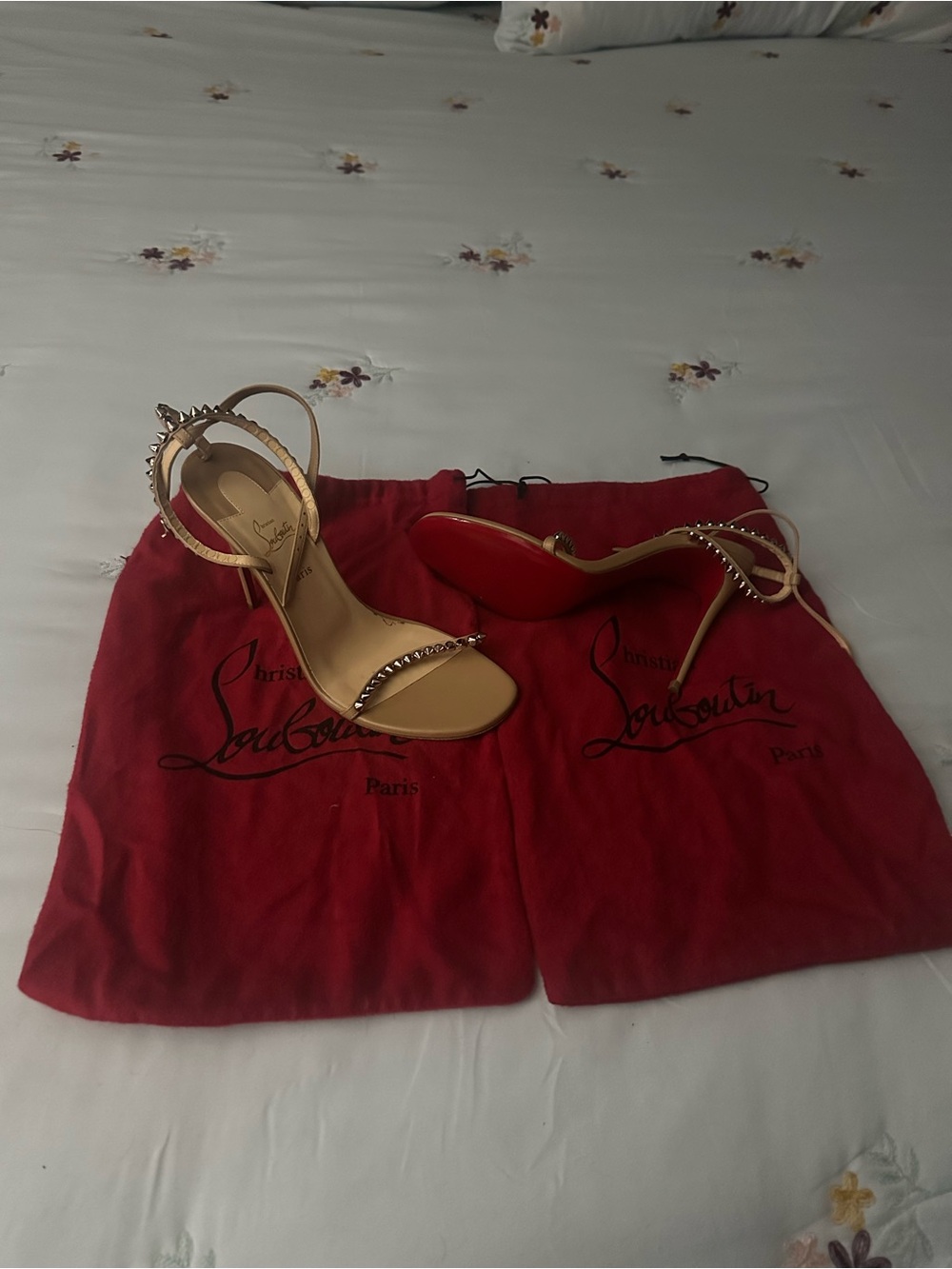 Christian Louboutin Beige Leather Studded Ankle-Strap Stilettos with Red Soles